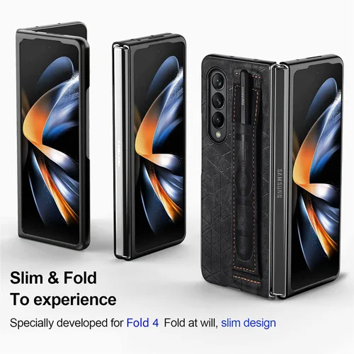 Vista 3 de Funda para Galaxy Z Fold 4, lujo a prueba de golpes Premium PU+PC, ligera, delgada, protectora resistente a los arañazos con soporte para S Pen