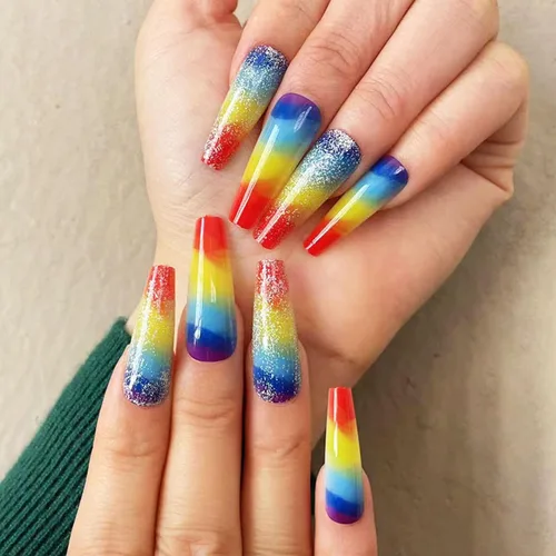 Vista 22 de Uñas postizas a presión con punta francesa cuadrada larga con arco 3D, diseños de línea de copo de nieve, uñas de invierno, uñas a presión
