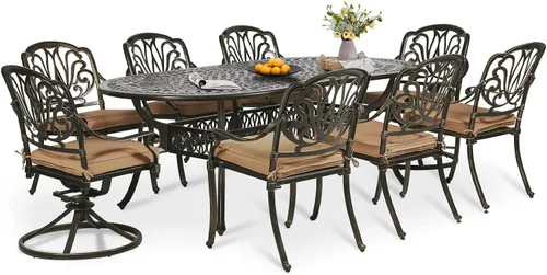 Vista 34 de Juego de comedor de patio de 9 piezas, mesa y sillas de patio al aire libre, mesa de comedor ovalada de aluminio fundido de 84 pulgadas con agujero