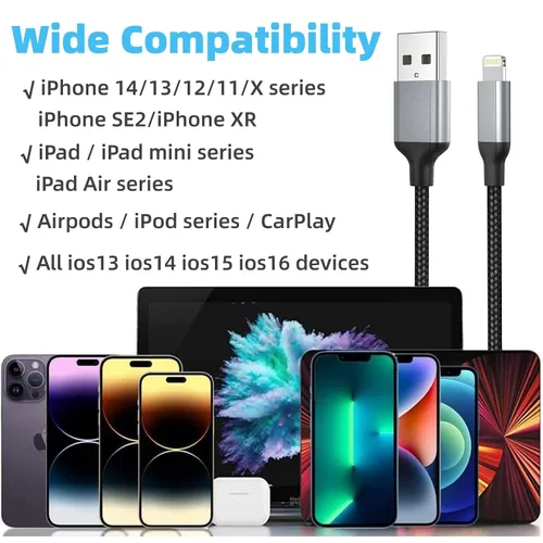 Vista 8 de Cable de carga para iPhone de 2 pies, paquete de 2 cables USB a Lightning [certificado MFi] de 2 pies para automóvil, cable corto trenzado de carga