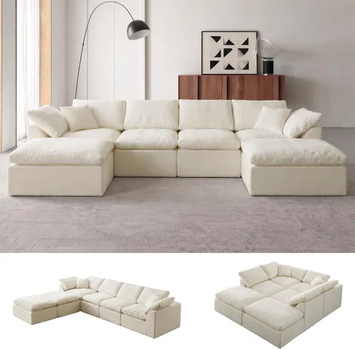 Vista 17 de Sofá modular de nube sin hueso de 110 pulgadas para sala de estar, sofá modular en forma de L de gran tamaño con otomana, sofá seccional de felpilla