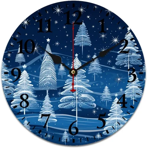 Vista 11 de Reloj de madera con árboles de Navidad y copos de nieve, reloj de pared redondo azul para interiores, funciona con pilas, silencioso, sin ruido