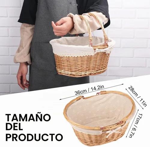 Vista 2 de Cesta grande multiusos de mimbre con asa, 14.2 x 11 x 6.7 pulgadas Cesta de mimbre para picnic con forro, Cesta de regalo vacía, Cesta ovalada