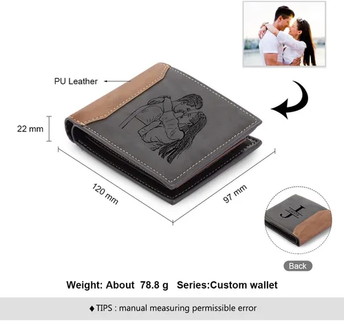 Vista 6 de Jewelstruck Billetera para hombre, billetera personalizada para hombre, carteras personalizadas para hombre, iniciales grabadas con imagen, día
