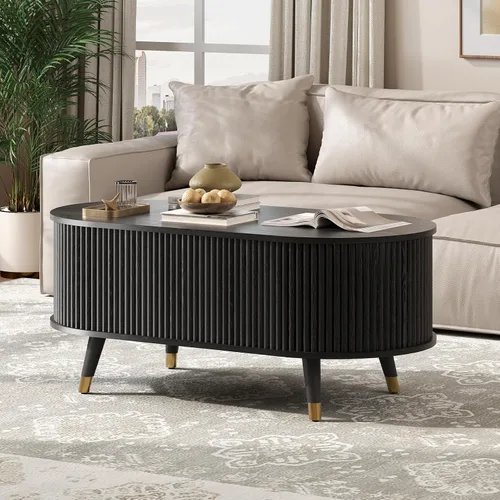 Vista 3 de Mesa auxiliar ovalada con almacenamiento, mesa de centro acanalada de 42.5 pulgadas con parte superior de elevación y patas de madera maciza, mesa