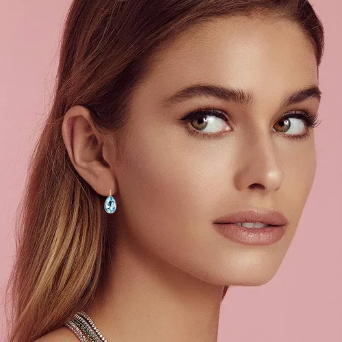 Vista 2 de Aretes colgantes de cristal Swarovski para mujer, de cierre catalán, diseño de lágrima, chapados en oro rosa de 14 quilates, joyería hipoalergénica