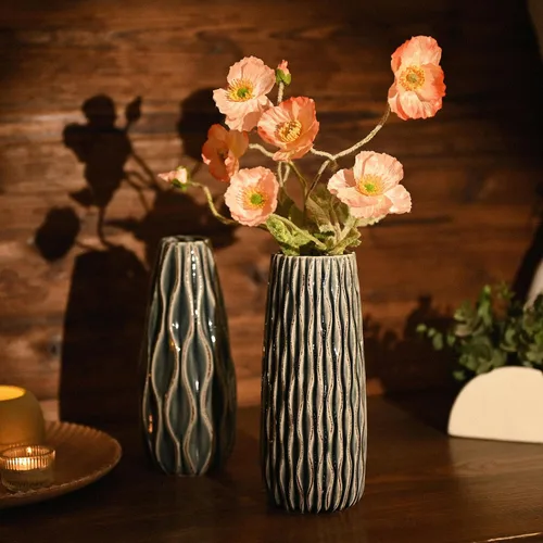 Vista 3 de VICTOR & TERESA Jarrón de cerámica para flores, juego de 2 jarrones azules decorativos de 10 pulgadas para decoración del hogar, jarrones de granja