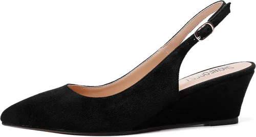 Vista 2 de SHOWFOREST Zapatos de tacón bajo con correa ajustable para mujer, con hebilla de gamuza y puntera puntiaguda, 2 pulgadas
