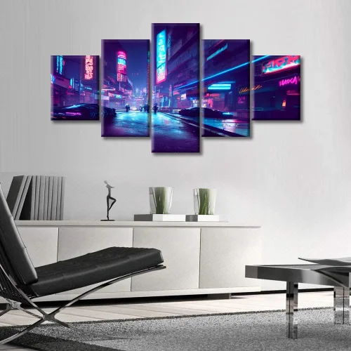 Vista 48 de Cuadros de 5 paneles de Cyberpunk City, arte de pared, representación de vallas publicitarias, edificios modernos en la capital con obras de arte