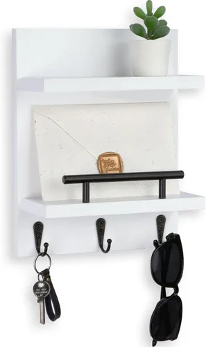 Vista 11 de Soporte de pared para llaves, decoración de estante de correo con 3 ganchos para llaves, organizador de pared de madera versátil para entrada