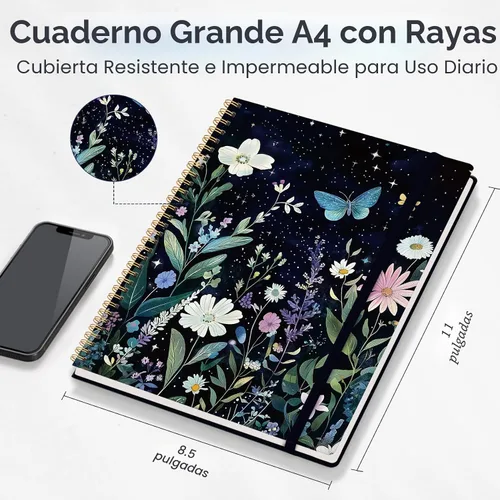 Vista 5 de Taja Diario Grande con Líneas en Espiral para Mujeres, Cuadernos de 8.5" x 11" para Trabajo con Rayado Universitario, Cuadernos A4 Estéticos Bonitos