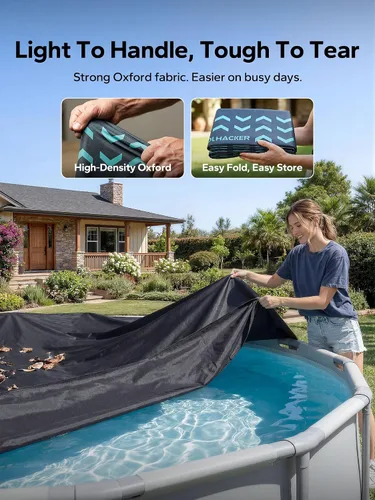 Vista 4 de POOLHACKER Cubierta redonda de piscina de 8 pies para piscinas sobre el suelo, cubierta de piscina resistente al viento con cable de acero y sistema