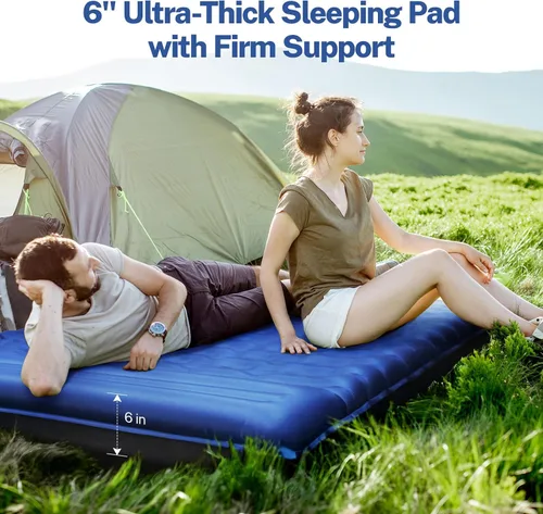 Vista 27 de OGERY Colchoneta de dormir para campamento, almohadilla de dormir reforzada extra gruesa de 6 pulgadas con almohadas y bomba de pie integrada Azul