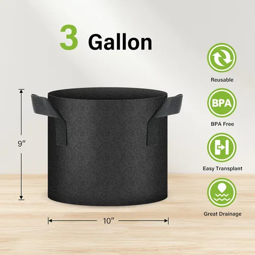 Vista 2 de Bolsas de cultivo de plantas HealSmart 3 galones, juego de 10 macetas para tomate con asas, tela no tejida de aireación, maceta de jardinería Negro