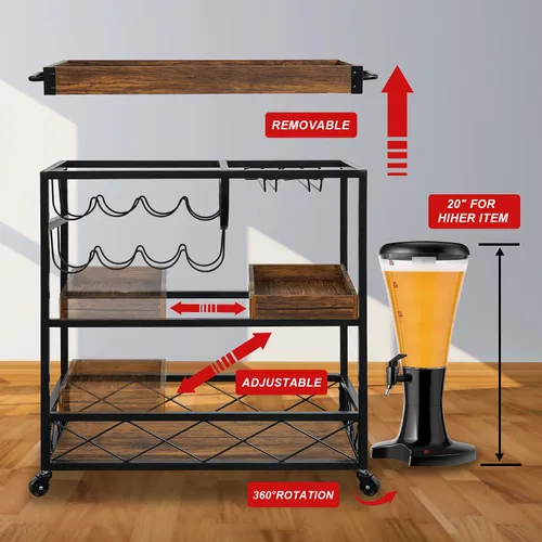 Vista 6 de Carrito de bar para el hogar, carrito de servicio industrial de 3 neumáticos con ruedas bloqueables, carrito de bebidas alcohólicas con 2 bandejas