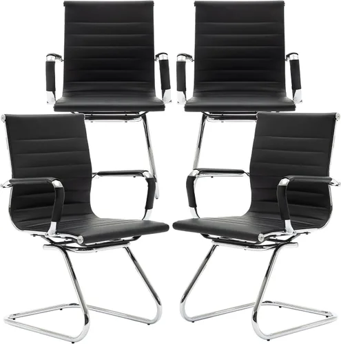 Vista 14 de Juego de 2 sillas de sala de conferencias, sillas de sala de espera con brazos, sillas de recepción de piel sintética sin ruedas, sillas de Negro
