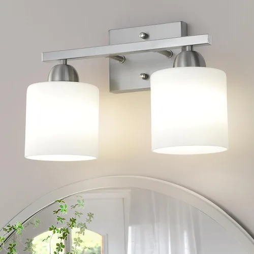 Vista 11 de Mecgirn Luces de tocador de vidrio de leche de acero inoxidable para baño, 2 lámparas cromadas de baño sobre espejo, enchufes E26 de cerámica