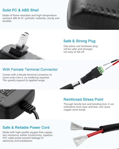 Vista 4 de Fuente de alimentación DC 12V Adaptador universal de CA 2A, 100-240 50/60Hz Transformador de 12 voltios y 2 amperios, cable adaptador de corriente