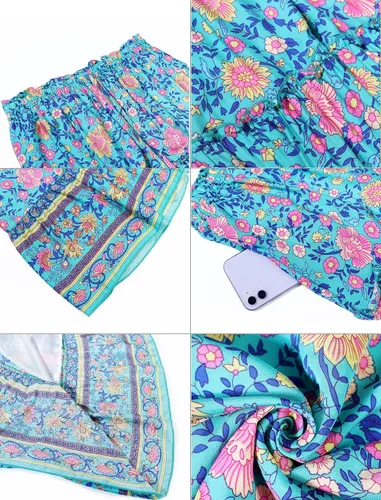 Vista 6 de SimpleFun Falda larga de cintura alta elástica con estampado floral bohemio para mujer con bolsillos