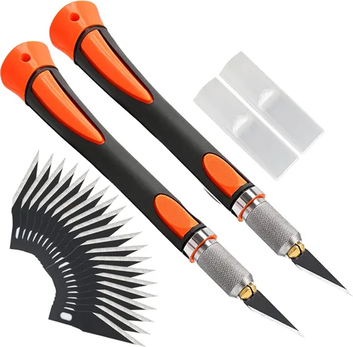 Vista 9 de FOSHIO Juego de 2 cuchillos de precisión para manualidades con 20 cuchillas de repuesto, mango ergonómico antideslizante con cubierta protectora