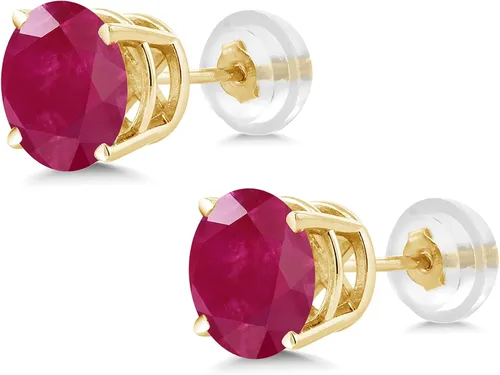 Vista 3 de Gem Stone King Pendientes de tuerca de oro amarillo de 14 quilates y rojo rubí de 2.00 quilates con piedra natal de piedras preciosas redondas