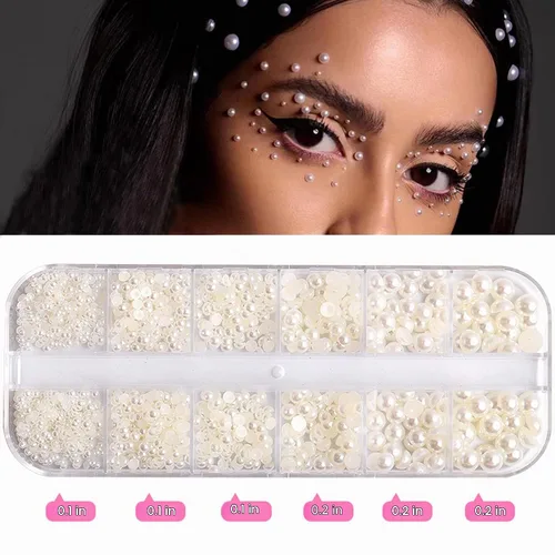 Vista 2 de RODAKY 2000 perlas medias para manualidades, perlas semicirculares con parte trasera plana para uñas, 6 tamaños, cuentas de perlas beige, diamantes