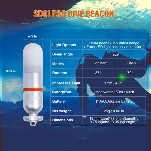 Vista 5 de ORCATORCH SD01PRO Luz de señal de buceo mejorada y brillante, baliza sumergible Mini marcador de tanque con modos constantes y parpadeantes