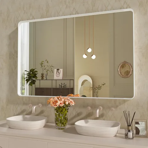 Vista 65 de WEER - Espejo de baño con luces LED, 50x70cm, espejo de tocador montado en la pared, 3 colores regulables, almohadilla antiempañante retroiluminada