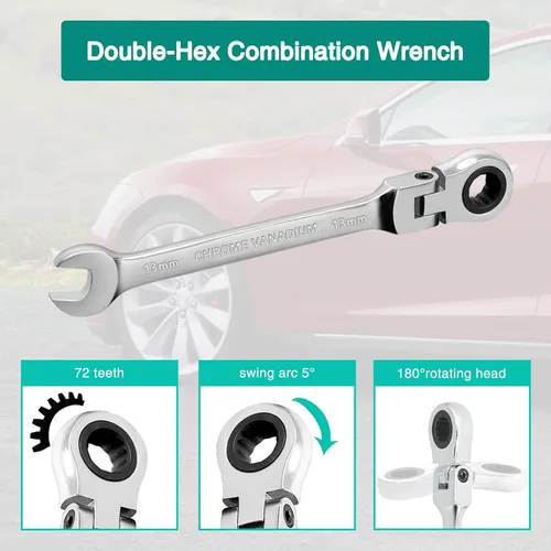 Vista 4 de Llave de 0.512 in con llave de trinquete de cabeza flexible de 12 puntos llave combinada métrica forjada y tratada térmicamente