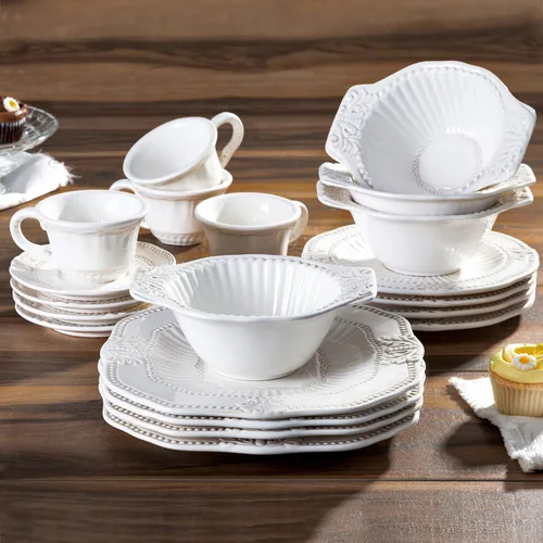 Vista 2 de American Atelier Juego redondo – Colección de cena de cerámica con 4 platos llanos, 4 platos de ensalada, 4 cuencos, 4 tazas y 4 platillos – Idea