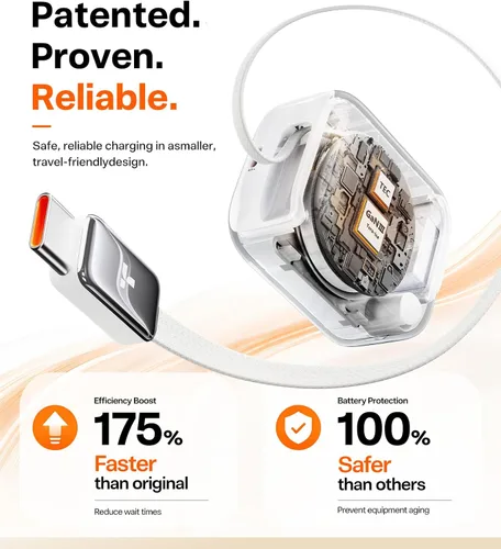 Vista 3 de Torras FlexLine Cargador retráctil, 35 W GaN III USB-C bloque de cargador con puertos duales, cargador de teléfono de carga rápida para iPhone