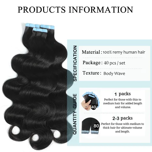 Vista 3 de HUA 40 extensiones de cabello humano con cinta, extensiones de cabello humano ondulado invisible, extensiones de cabello humano real con cinta