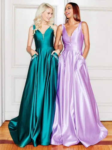 Vista 3 de Vestidos de fiesta de satén con cuello en V para mujer largos con bolsillos color rosa rubor vestidos de noche formales fruncidos