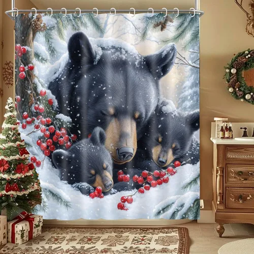 Vista 5 de Wathon Cortina de Ducha de Oso Negro de Invierno Escena Nevada Cortina de Baño con Osos Abrazándose Rodeados de Nieve y Bayas Rojas, Decoración