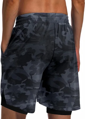 Vista 2 de Milin Naco Pantalones cortos de entrenamiento 2 en 1 para hombre con forro de 7 pulgadas, pantalones cortos de gimnasio para hombres, pantalones
