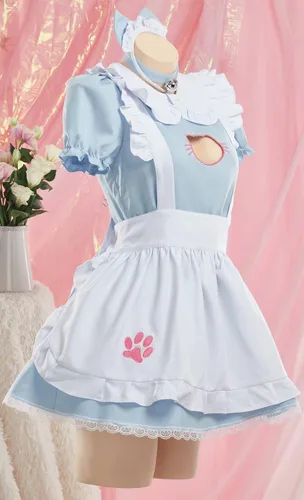 Vista 2 de MEOWCOS - Vestido de sirvienta para mujer, delantal francés, vestido Kawaii de gatito con bordado de patas, disfraz de anime para cosplay