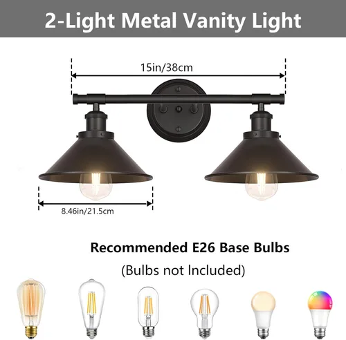 Vista 2 de Aplique de pared negro de 2 luces, aplique de pared de baño de granja sobre el espejo, luces industriales rústicas de tocador de baño