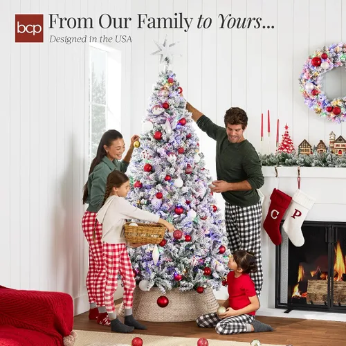 Vista 4 de Best Choice Products - Árbol de Navidad artificial preiluminado de 7.5 pies con nieve artificial, pino, 2-en-1 luces LED blancas y multicolor, Verde