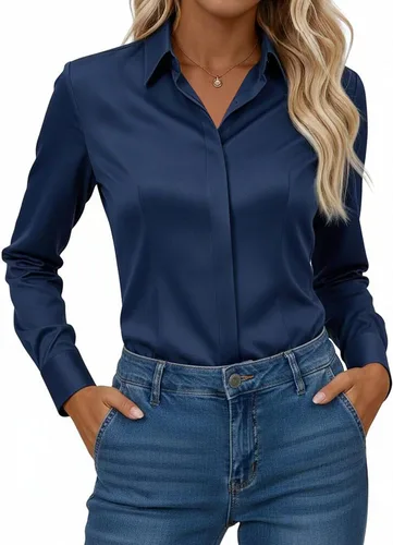 Vista 12 de Gleeivy Camisa con botones para mujer, solapa con botones ocultos, ligera, transpirable, resistente a las manchas, manga larga, trabajo e informal