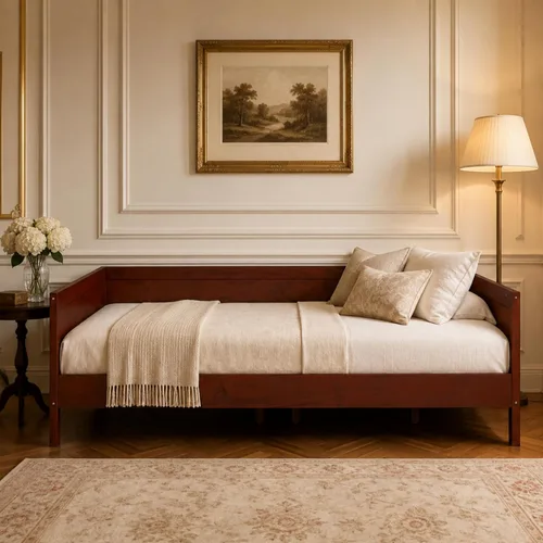 Vista 13 de Marco de sofá cama de madera de tamaño individual con rieles de 3 lados y Walnu Oscuro