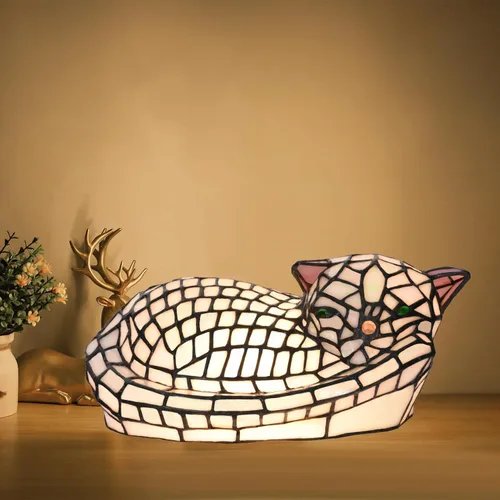 Vista 3 de A0013 - Lámpara de mesa estilo Tiffany con diseño de gato dormido, 11.5 pulgadas de largo x 7.125 pulgadas de ancho x 5.5 pulgadas de alto, luz