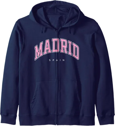 Vista 6 de Madrid España España Varsity Style Sudadera con capucha y texto rosa, Negro
