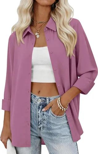 Vista 5 de siliteelon Camisas con botones para mujer, camisas de vestir sólidas, de manga larga, cuello fluido, para trabajo, oficina, negocios, blusas de gasa