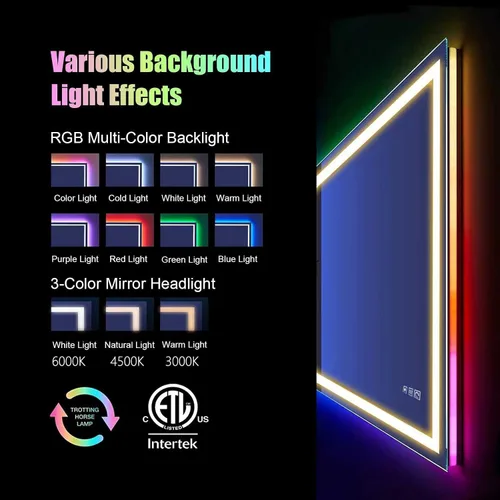 Vista 3 de Espejo LED para baño, espejo rectangular LED HD con 8 colores retroiluminados regulables + 3 colores frontales, control táctil, antivaho, función