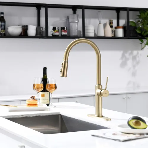 Vista 2 de Grifos para fregadero de cocina, oro cepillado, grifo de cocina de arco alto con rociador extraíble, grifos de cocina altos de latón macizo de 19