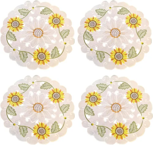 Vista 10 de LeLehome Juego de 4 manteles individuales redondos bordados con margaritas de primavera, 15 pulgadas, decoración de mesa para el hogar, cocina