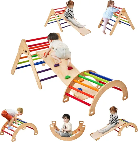 Vista 12 de VEVOR Pikler - Juego de triángulos escalador 5 en 1, juguetes de escalada para niños pequeños plegables en interiores con arco y rampa y escalera