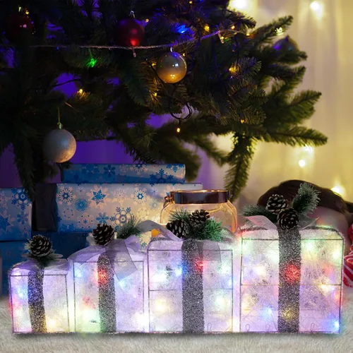 Vista 5 de COVFEVER Cajas de Regalo Iluminadas de Navidad, Juego de 4 Cajas de Regalo con Luces Preinstaladas, Juego de Cajas de Regalo Iluminadas que