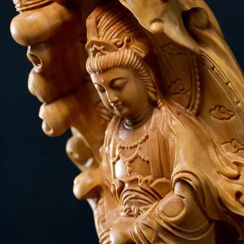 Vista 5 de Decoración de Feng Shui Quan Yin, estatua de boj tallada a mano, estatua de Kuan Yin, decoración de oficina en casa, estatua de la diosa