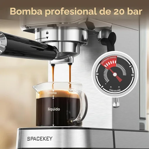 Vista 2 de Spacekey Máquina de café expreso de 20 barras, cafetera profesional de 1350 W con espumador de leche, cafetera compacta de acero inoxidable